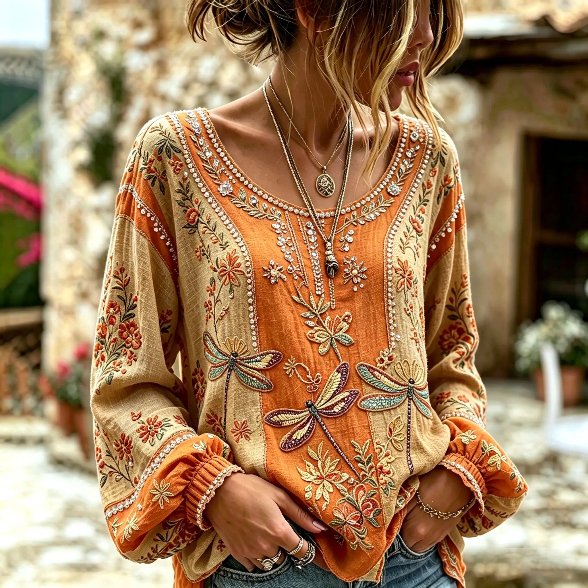 Women's Vintage Dragonfly And Floral Art Print Flowy Linen Blend Round Neck Linen Tops